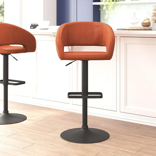 Flash Furniture Erik Comfortable & Stylish Contemporary Barstool with Rounded Mid-Back and Foot Rest, Adjustable Height - Cognac Vinyl with Black Base