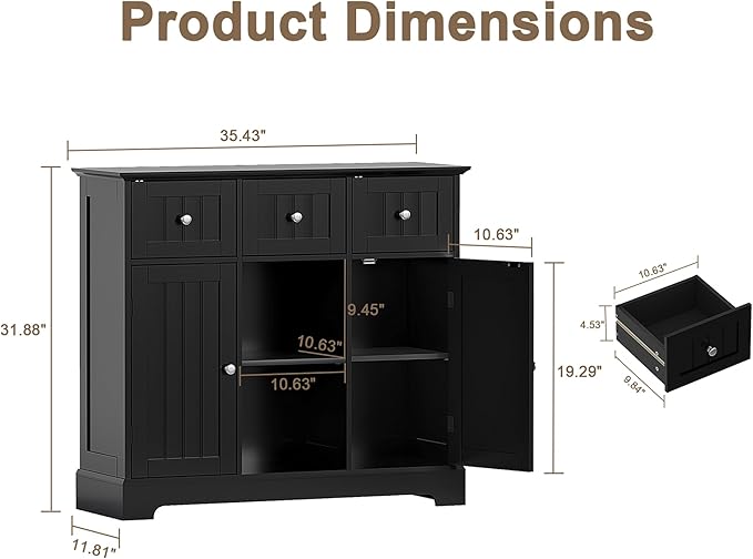 ChooChoo Buffet Cabinet, Coffee Bar with Drawers and Doors, Sideboard Storage with Shelves for Kitchen, Dining Room, Living Room, Black