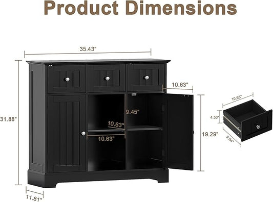 ChooChoo Buffet Cabinet, Coffee Bar with Drawers and Doors, Sideboard Storage with Shelves for Kitchen, Dining Room, Living Room, Black