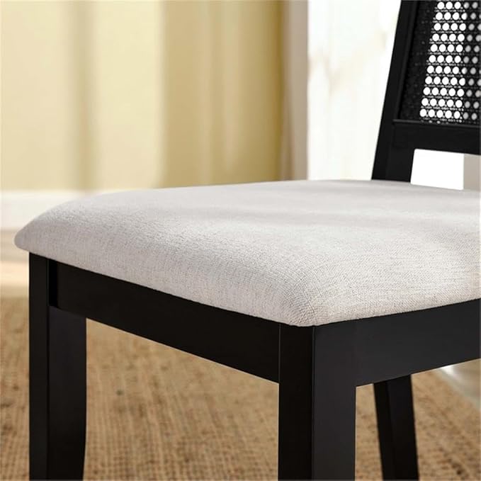 Modway Arlo Wood and Faux Rattan Dining Chairs Set of 2 in Black Black Heathered Weave Ivory - Modern Farmhouse Accent Chairs - Fabric Upholstered Chairs for Dining Room