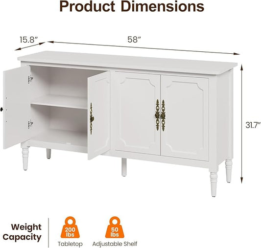 Sideboard with 4 Doors, Mid-Century Console Table with Adjustable Shelves, Accent Cabinet for Entryway, Living Room, Dining Room, White