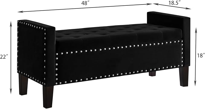 Velvet Storage Ottoman with Armrests, Upholstered Button Tufted Entryway Bench with Nails Trim for Bedroom End of Bed, Living Room,Black