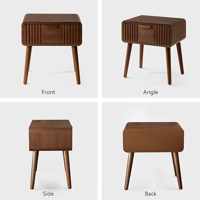 COSIEST Mid Century Modern Nightstand, MCM Vintage Bedside Table with Storage Drawer, Wood End Table for Bedroom, Living Room (Brown, Striped Pattern)