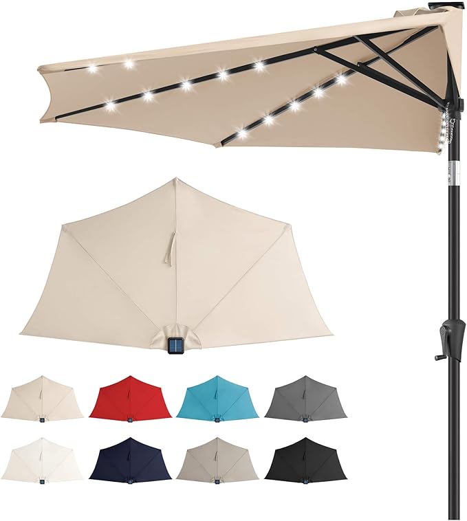 9FT Solar Half Umbrellas Outdoor - LED Half Patio Umbrella with 25 Lights, UV Protection Waterprool, Half Round Umbrella for Wall Balcony, Pool, Porch, Garden, Deck, Backyard, Beige