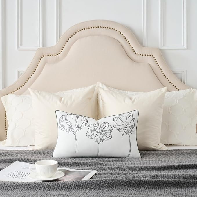 Sunkifover Decorative Floral Lumbar Pillow Cover 12x20 Inch Grey and White Cotton Embroidery Flower Throw Pillowcase Cushion Cover for Bed Bedroom, Living Room, Sofa