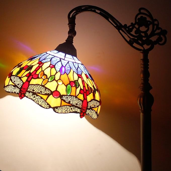 WERFACTORY Tiffany Floor Lamp Orange Blue Stained Glass Dragonfly Arched Lamp 12X18X64 Inch Gooseneck Adjustable Corner Standing Reading Light Decor Bedroom Living Room S168 Series