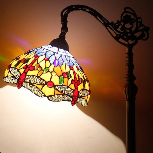 WERFACTORY Tiffany Floor Lamp Orange Blue Stained Glass Dragonfly Arched Lamp 12X18X64 Inch Gooseneck Adjustable Corner Standing Reading Light Decor Bedroom Living Room S168 Series