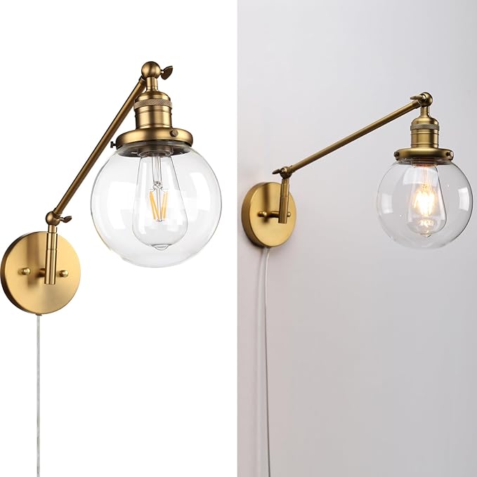 PERMO Plug in Wall Sconce Swing Arm Wall Lamp Industrial Sconce with 5.9" Glass Globe Shade Antique Gold Sconce for Bedroom, Living Room, Office