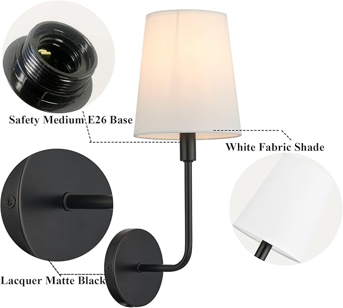 Black Big Wall Sconces, Set of 2 Hardwired Modern Industrial Wall Lights with Fabric Shade, E26 Socket, for Bedroom, Living Room, Kitchen, Bathroom, Farmhouse, Hallway (Bulbs Not Included)