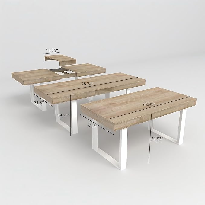 Ball & Cast Expandable Dining Table for 6-10,63-78.7" Transformer Kitchen Table W/Tapered U-Shaped Legs,Farmhouse Rectangular Extendable Dining Room Table for Small Space,White+Oak