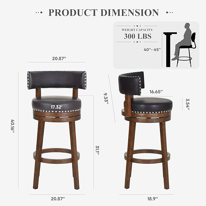 COLAMY Swivel Bar Stools Set of 2, 30 Inch Swivel Bar Height Bar Chairs, Modern Upholstered Wood Barstools with Back for Kitchen Island Dining Room, Dark Brown