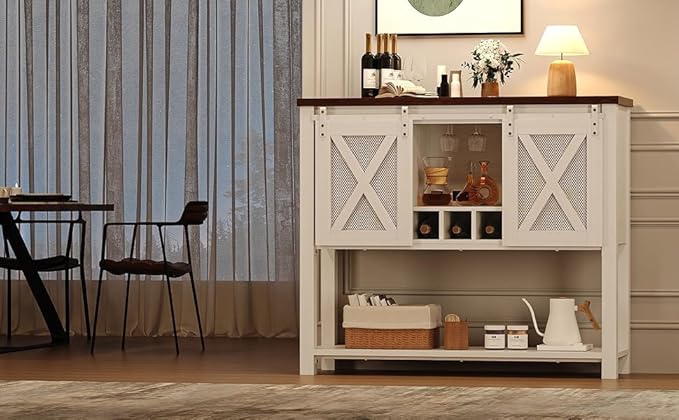 CABIHOME Coffee Bar Cabinet with Storage - Sliding Barn Door Kitchen Buffet, Wood Sideboard Console Cabinet with Wine Rack & Glass Holder for Living & Dining Room, White