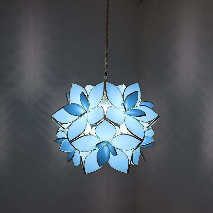 Bieye L11027 Petals Tiffany Style Stained Glass Ceiling Pendant Light for Home Decoration (Sky Blue, 12" Rose Lily)