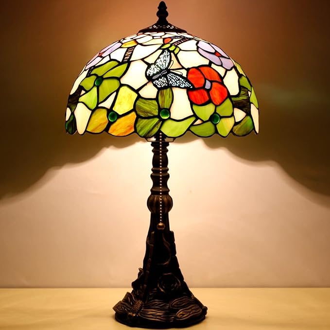 Tiffany Table Lamp Stained Glass Lamp 12X12X19 Inch Antique Reading Light (Butterfly Flowers)