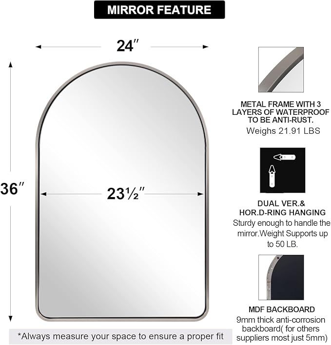 Andy Star Brushed Nickel Arched Mirror, 24x36’’ Arched Bathroom Mirror, Arch Wall Mirror, Bathroom Vanity Mirrors Metal Framed, SUS304-Anti-Rust, Tube Frame, 1’’ Deep Set Wall Mounted Vertical