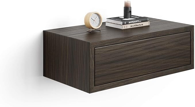 Mobili Fiver, Riccardo Wall Bedside Table, Dark Walnut, 17.7" x 9.8" x 6.1 ", Melamine-Finished, Modern Bedside Table, End Table, Italian Furniture