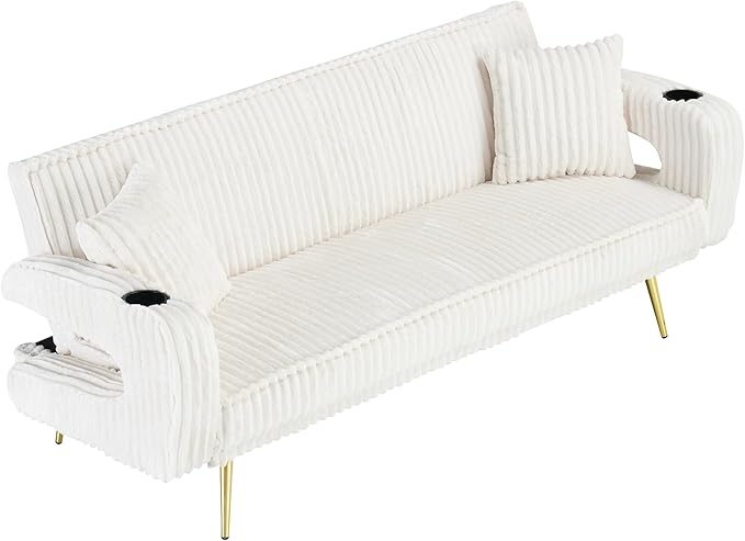 Luxury Plush Corduroy Upholstered Futon Sofabed Living Room Loveseat Sofa Convertible Sleeper Couch Bed with Style Armrests,Cupholders and Pillows, Love Seat Sofa&Couch for Home/Studio/Apartment