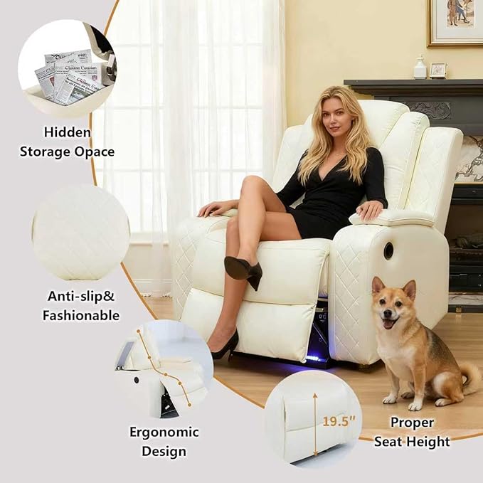 Power Leather Reclining Sofa Chair with LED Light for Adults,Single Recliner with USB Port/Storage,Leather Couch for Living Room Furniture Sets/RV Car/Home Theater/Office(1 Seat,Creamy)