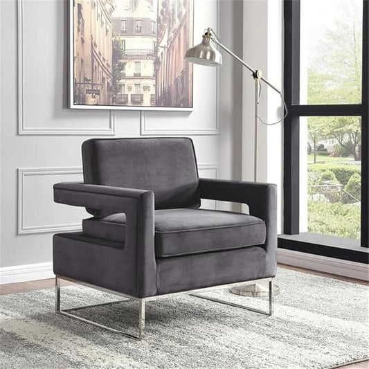 Meridian Furniture Noah Collection Modern | Contemporary Velvet Upholstered Accent Chair with Durable Stainless Steel Base, Grey, Chrome Base