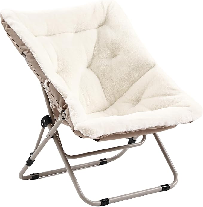 Living Room Chair, Soft Faux Fur Folded Chair Oversized Folding Accent Chairs, Furry Lazy Chairs, Metal Frame Moon Chair for Bedroom, Living Room