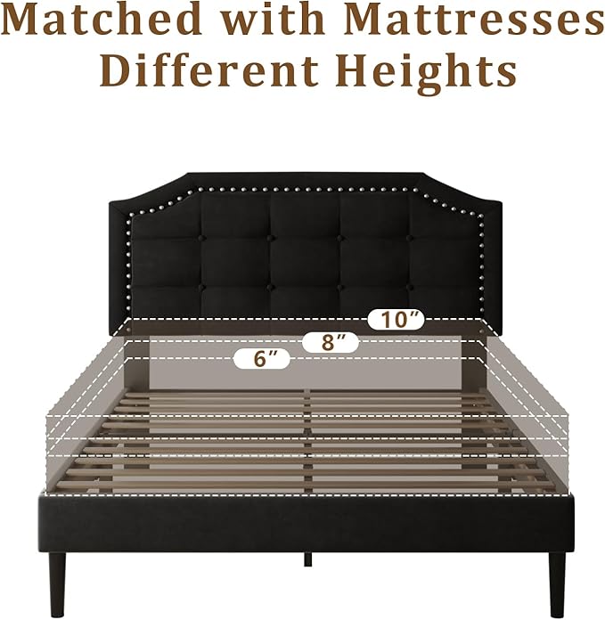 Full Size Bed Frame, Full Size Platform Bed Frame with Upholstered Button Tufted Headboard, Strong Wood Slats, No Box Spring Needed, Mattress Foundation, Easy Assembly Black