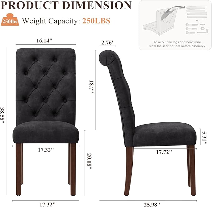 Upholstered Tufted Dining Room Chairs Set of 2, Parsons Kitchen Chairs with Padded Seat and Solid Wood Legs, Fabric Accent Side Diner Chair for Dining Room/Kitchen/Living Room, Black