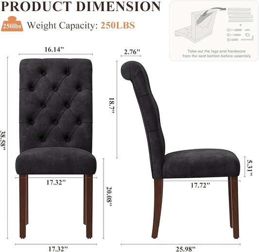 Upholstered Tufted Dining Room Chairs Set of 2, Parsons Kitchen Chairs with Padded Seat and Solid Wood Legs, Fabric Accent Side Diner Chair for Dining Room/Kitchen/Living Room, Black