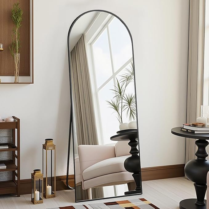 58"x18" Arched Full Length Mirror - Wall/Floor Mounted with Stand, Shatter-Proof Glass & Aluminum Frame, Large Body Mirror for Bedroom, Living Room, Entryway or Cloakroom, Black