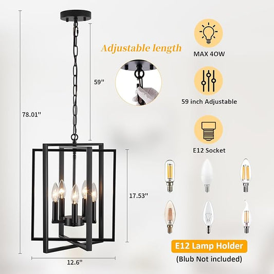 Black Modern Farmhouse Chandelier for Dining Room, 5-Light Pendant Lights Fixtures for Kitchen Island, Foyer Lighting Fixtures High Ceiling for Entryway Hallway Living Room Bedroom
