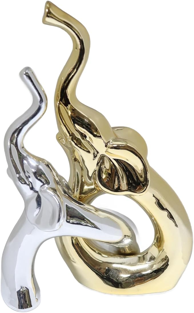 Zerzsy Loving Pair of Small Gold & Silver Elephants Statues, Modern Ceramic Sculptures Home Decor, Figurine Decorative Ornaments for Bedroom, Office Desktop, Shelf-Set of 2