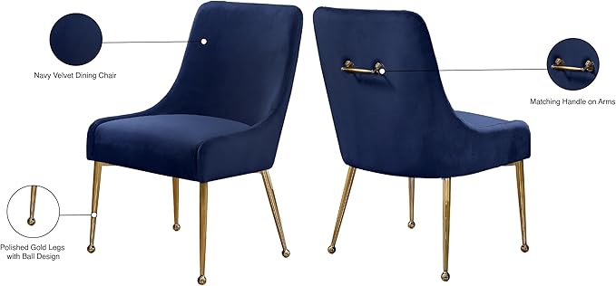 Meridian Furniture Owen Collection Modern | Contemporary Velvet Upholstered Dining Chair with Polished Gold Legs, Set of 2, 24" W x 21" D x 34.5" H, Navy