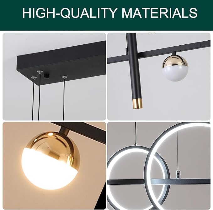 LED Modern Chandeliers for Dining Room, Dimmable Black Gold Chandelier Kitchen Pendant Lighting Over Island, Linear Ring Globe Pendant Light Fixtures Dining Room Lights Ceiling Hanging