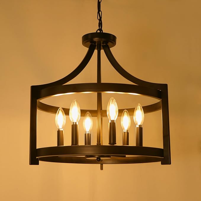 6-Light Black Chandelier, Modern Hanging Pendant Lighting, Convertible Semi Flush Mount Ceiling Light Fixture Rustic Vintage Farmhouse Chandeliers for Dining Room Kitchen Foyer Entryway