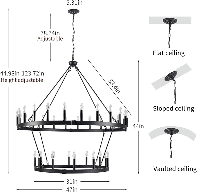47'' Black Wagon Wheel Chandelier 2 Tier 36-Light Large Round Farmhouse Chandelier, Industrial Pendant Light Fixtures for High Ceilings Dining Living Room Entryway Foyer
