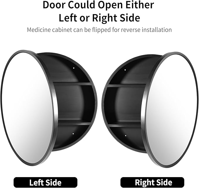 Movo 26 Inch x 26 Inch Round Circle Black Aluminuml Framed Bathroom Mirror Medicine Cabinet, Circular Storage Cabinet Surface Mounted Black