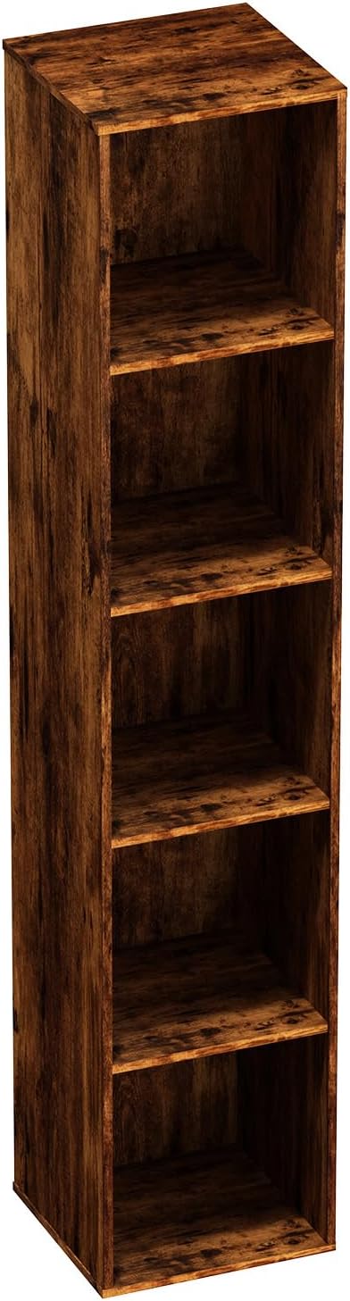 5 Tier Bookshelf, Open Tall Narrow Floor Standing Bookcase, Wooden Book Shelf Display Organizer for Home Office, Study (Retro Brown, 5 Cube)