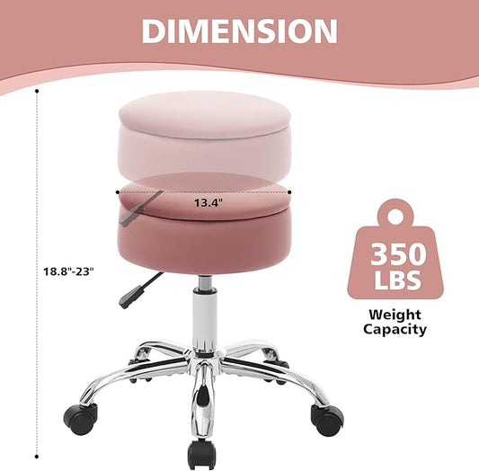 Adjustable Vanity Stool with Storage Rolling Vanity Chair with Wheels Swivel Vanity Stool Chair for Vanity Makeup Stool Pink