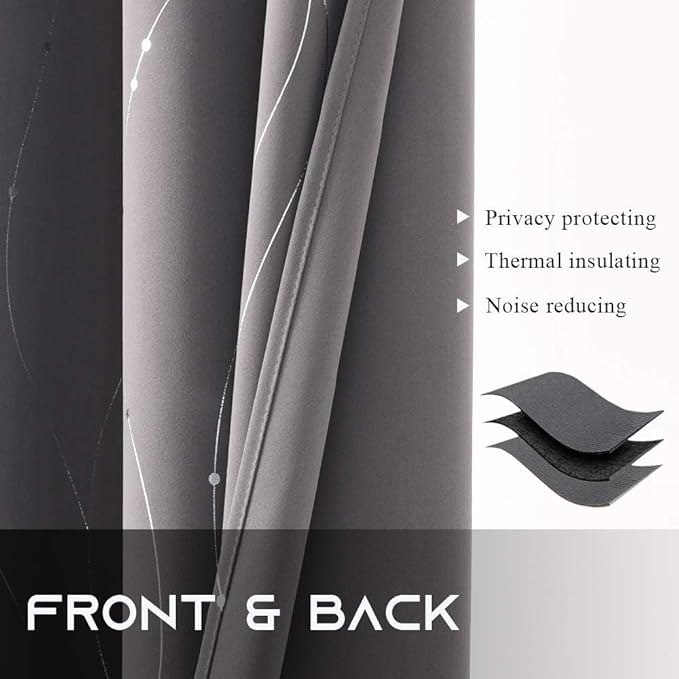 NICETOWN Blackout Curtains for Bedroom, Foil Printed Wave Lines with Dots Energy Saving Thermal Insulated Solid Grommet Blackout Draperies for Patio (1 Pair, 52 inches by 95 Inch, Grey)