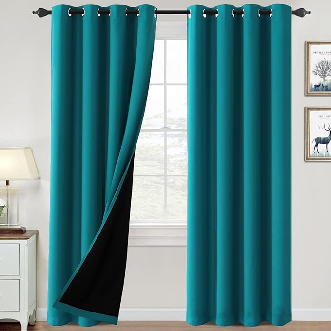H.VERSAILTEX 100% Blackout Curtains for Bedroom Thermal Insulated Blackout Curtains 84 inch Length Heat and Full Light Blocking Curtains for Living Room with Black Liner 2 Panels Set, Turquoise Blue