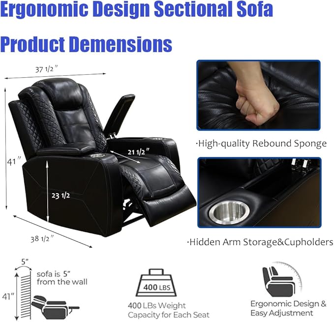 Power Recliner Sectional Sofa, L-Shape Living Room Furniture Set, Black Breathing Leather Sofa and 2 Chairs, Reclining Sectional Couch with LED/Storage/Cup Holder/Type C USB for Office/House