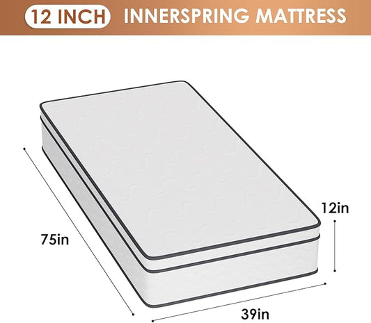 PayLessHere | 12 Inch Twin Mattress | Medium Firm Hybrid Mattress | White | with High-Density Foam and Breathable Cover | Pocket Spring Design, Pressure Relief | Bed in a Box, CertiPUR-US Certified