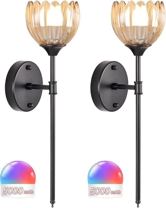 Battery Operated Wall Sconce Set of 2, Amber Tulip Vintage Wall Light Fixture Rechargeable 5000mAh Battery Powered Wall Lamp with Remote for Living Room Bathroom, Black