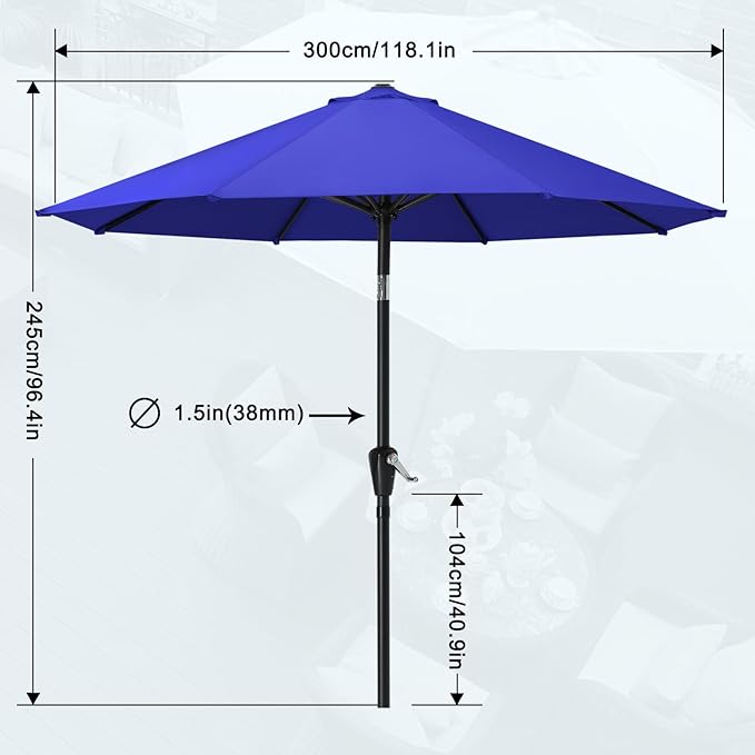 MASTERCANOPY 10FT Patio Umbrella with Push Button Tilt and Crank, Outdoor Market Umbrella with 8 Sturdy Ribs, UV Protection & Waterproof for Garden, Deck, Backyard, Pool (Blue)