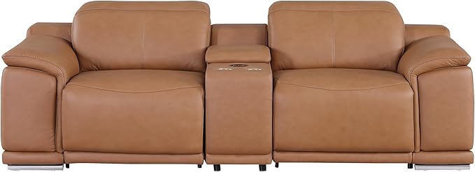 BlackJack Furniture Venice Top Grain Italian Leather Recliner 7 Seater 6 Power Reclining 3 Piece Sofa Set with Adjustable Headrests Modern Seating Sofa, Loveseat and Chair for Living Room , Cognac
