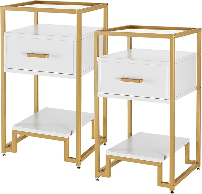 GAOMON Nightstand Set of 2, End Table with Storage Drawer and 3-Tier Storage & Tempered Glass Top, Bedside Furniture with Steel Frame, Side Table for Bedroom, Dorm, Easy Assembly, White and Gold
