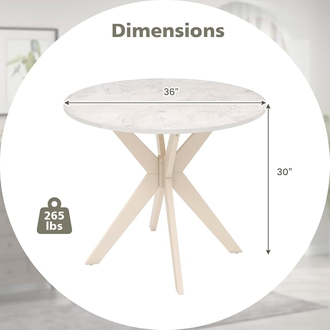 COSTWAY 36" Round Dining Table, Solid Wood Kitchen Table with Intersecting Pedestal Base and Adjustable Foot Pads for Home, Office, Small Space, Cafe, Bar (White)