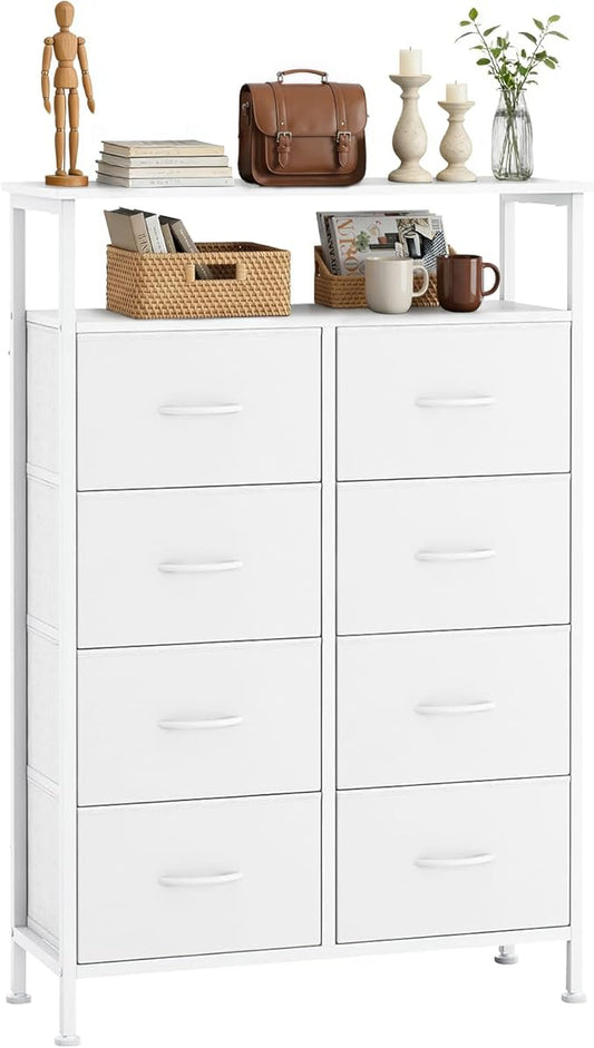 8 Drawers Dresser with Open Shelf, 46" Tall Storage Organizer Chest of Drawer with Wooden Top, Sturdy Metal Frame for Bedroom, Hallway, Living Room, White
