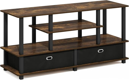 Furinno Jaya TV Stand, 4-Tier Entertainment Center with Open Shelf, TV Console for TV up to 55 Inch with 2 Storage Bins, Toolless Assembly, for Living Room, Bedroom, Amber Pine