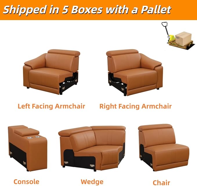 Power Recliner Sectional Couch, Breathing Leather Living Room Furniture Set, Reclining Corner Sectional Sofa with Storage Console/Cup Holders for Home/Office (Caramel, 4 Seater Couch)