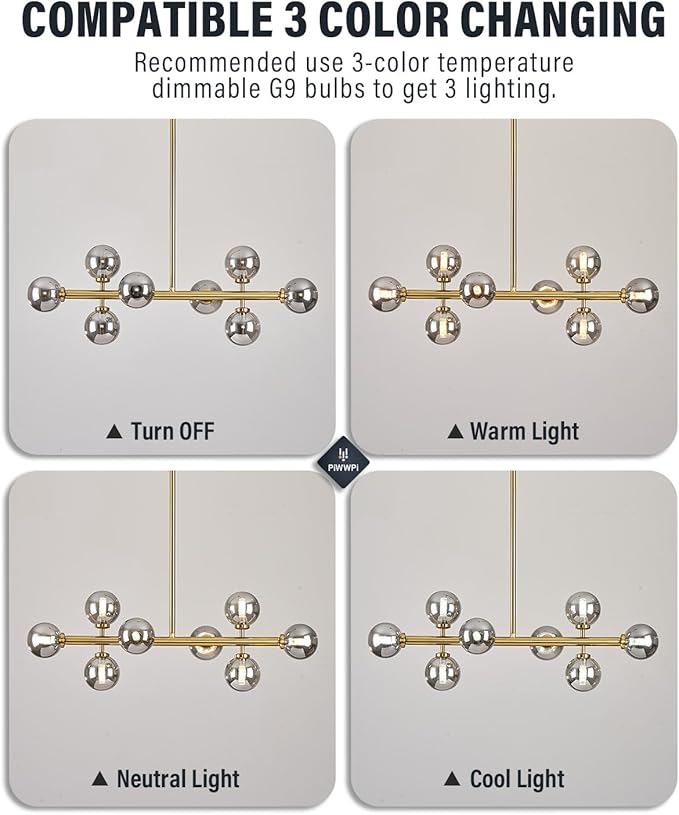 Modern Linear Chandeliers for Dining Room, 8-Light Globe Sputnik Pendant Ceiling Light, Brass Gold Dining Room Light Fixture Over Table, Mid Century Glass Smoke Grey Bubble, 31.5 Inch, GC-09